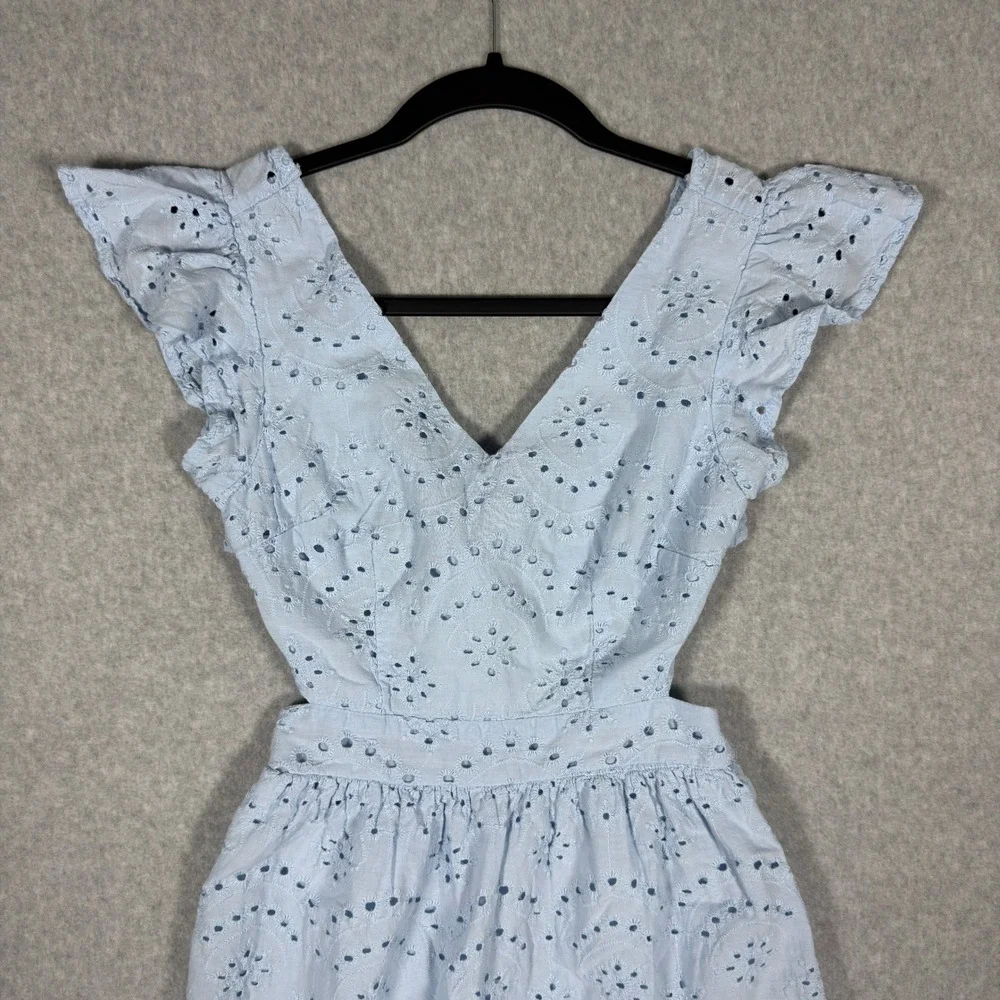 Jessica Simpson Light Blue Eyelet Cutout Ruffle Mini Dress Small Cotton